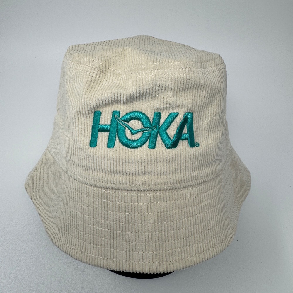Hoka One One Summer Mile Club Corduroy Bucket Hat Cream Beige Teal Logo Cotton